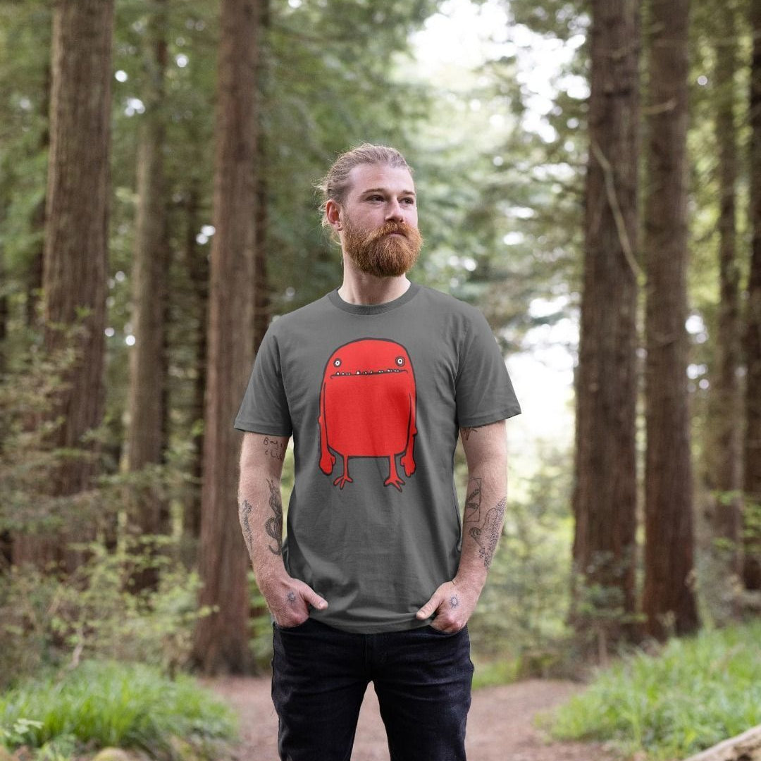 man stood in a forest clearing wearing a Slate Grey Hello Bob organic cotton graphic t-shirt