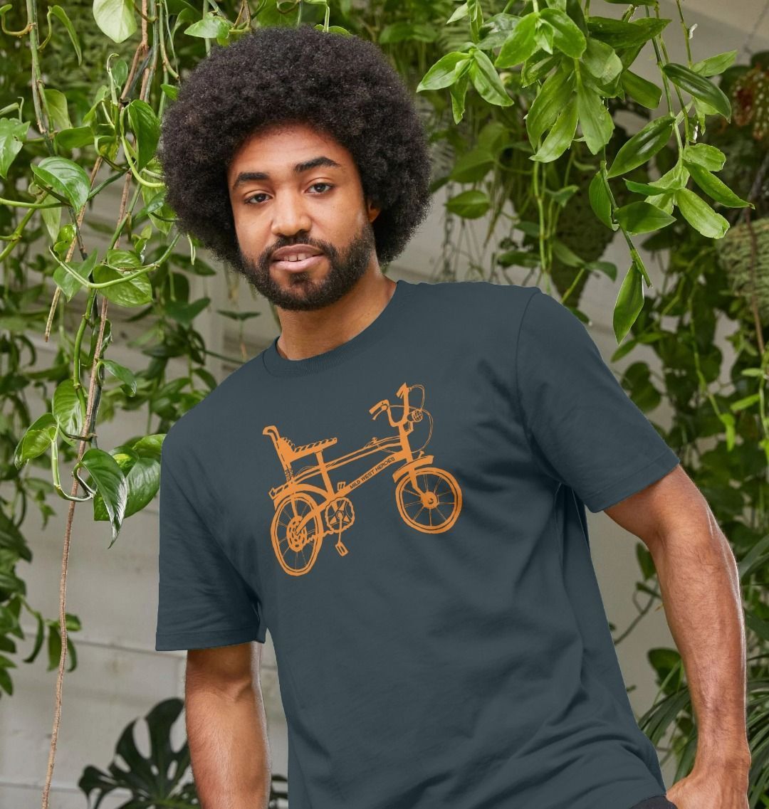Man wearing a dark grey Chopper Bike graphic T-shirt
