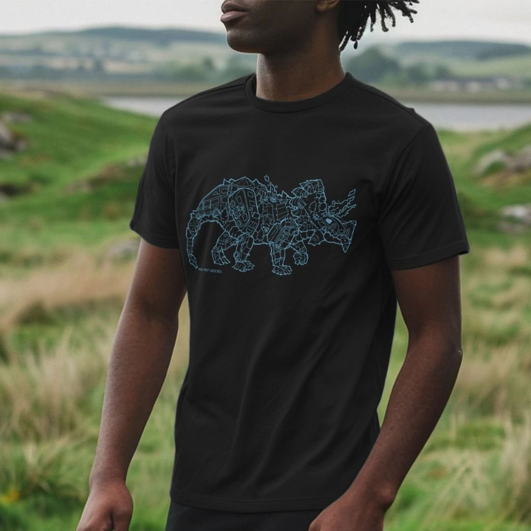 Man wearing a black Camperceratops organic cotton t-shirt
