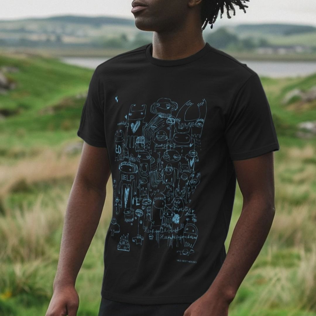 Man wearing a Help Me Escape This Drawing graphic t-shirt in black