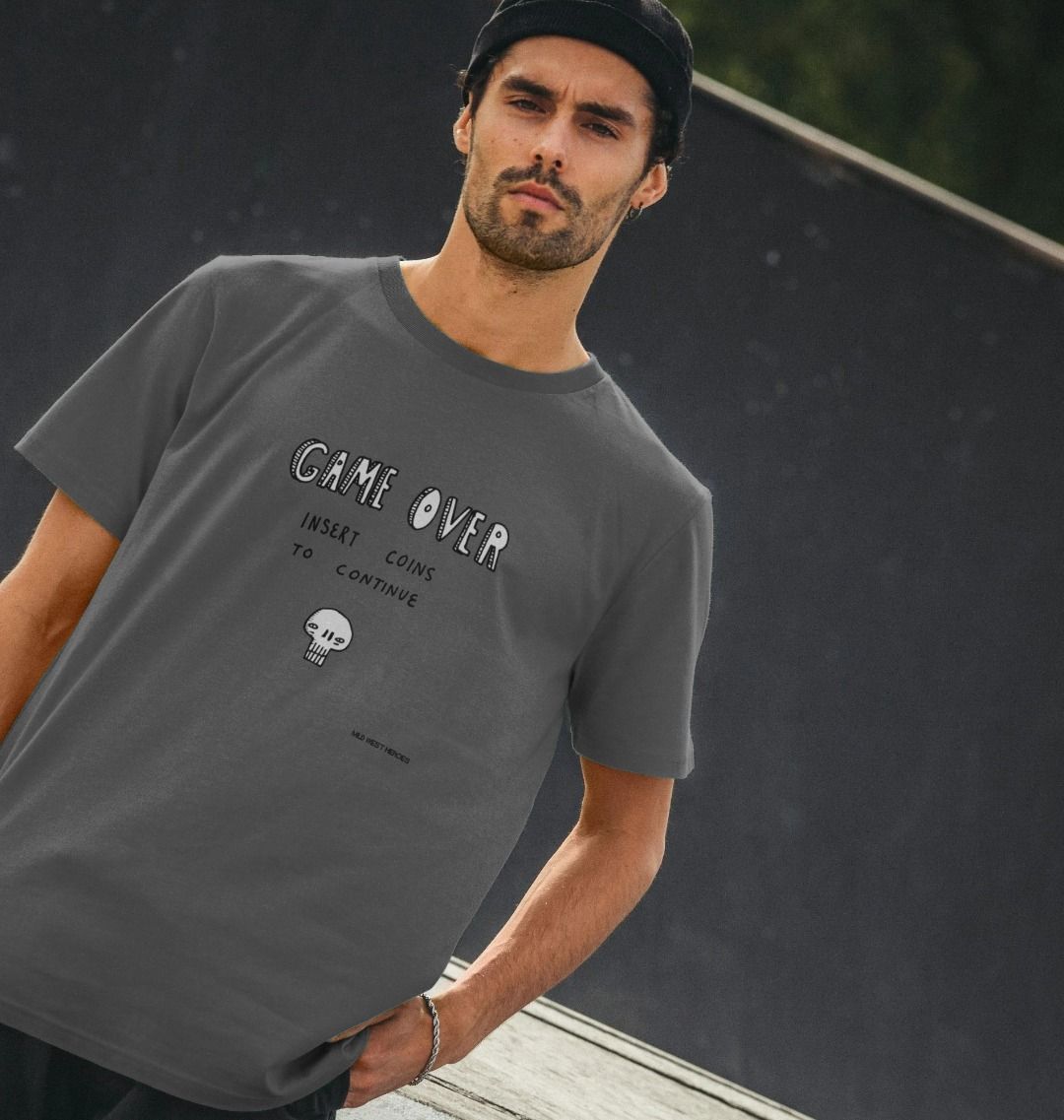 man wearing a Slate Grey Game Over graphic t-shirt