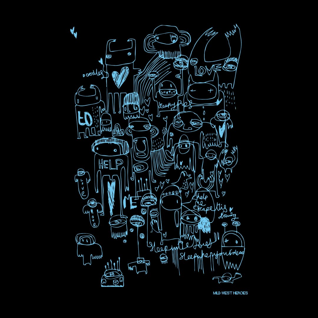 Detail of Help Me Escape This Drawing graphic t-shirt on black