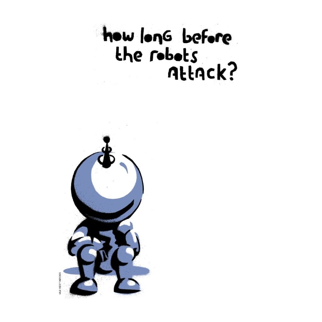 Detail of White  How Long Before The Robots Attack Graphic T-Shirt