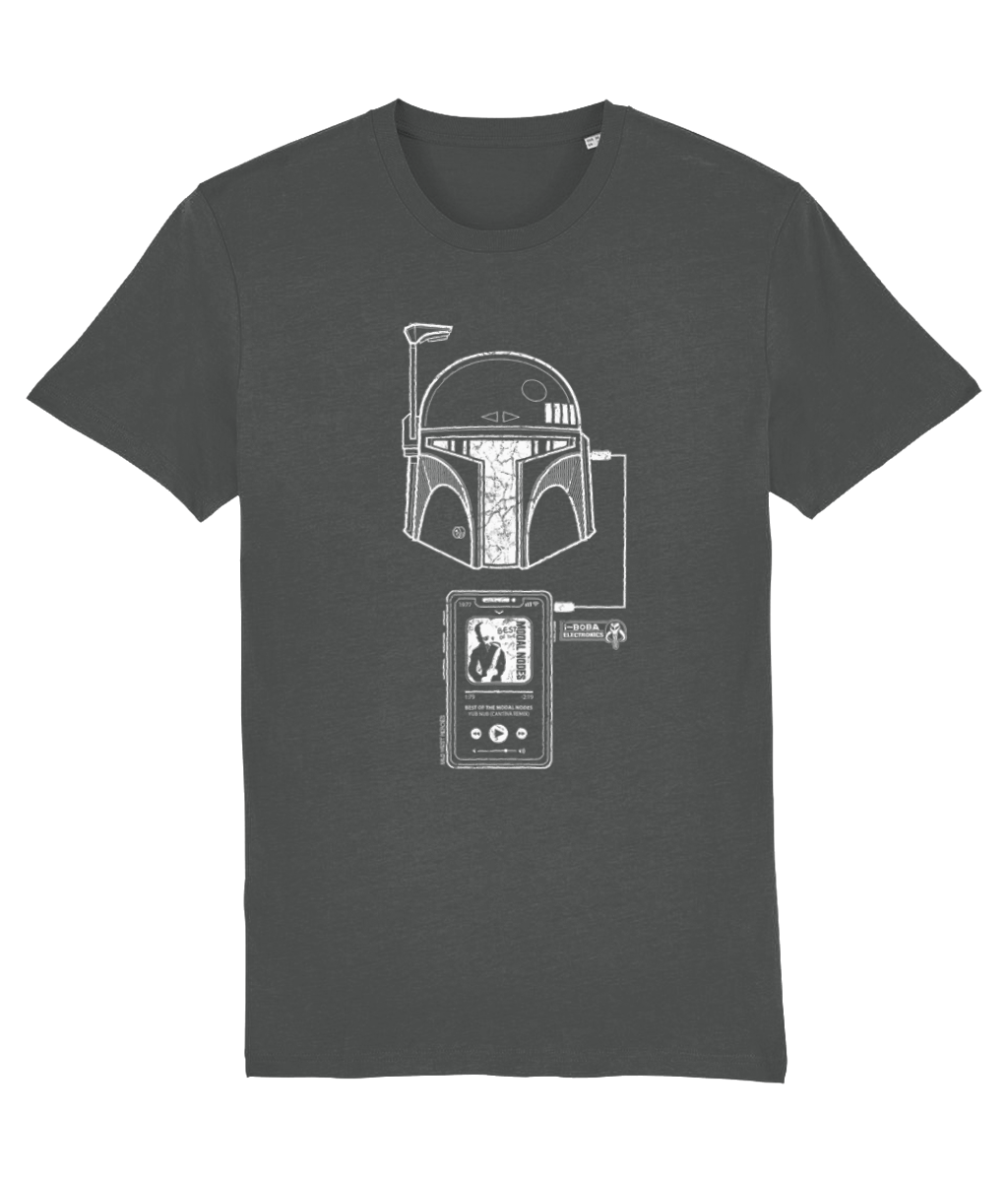 I Bobba sci-fi graphic t-shirt in anthracite, a bounty hunter's helmet wired up to a retro music player
