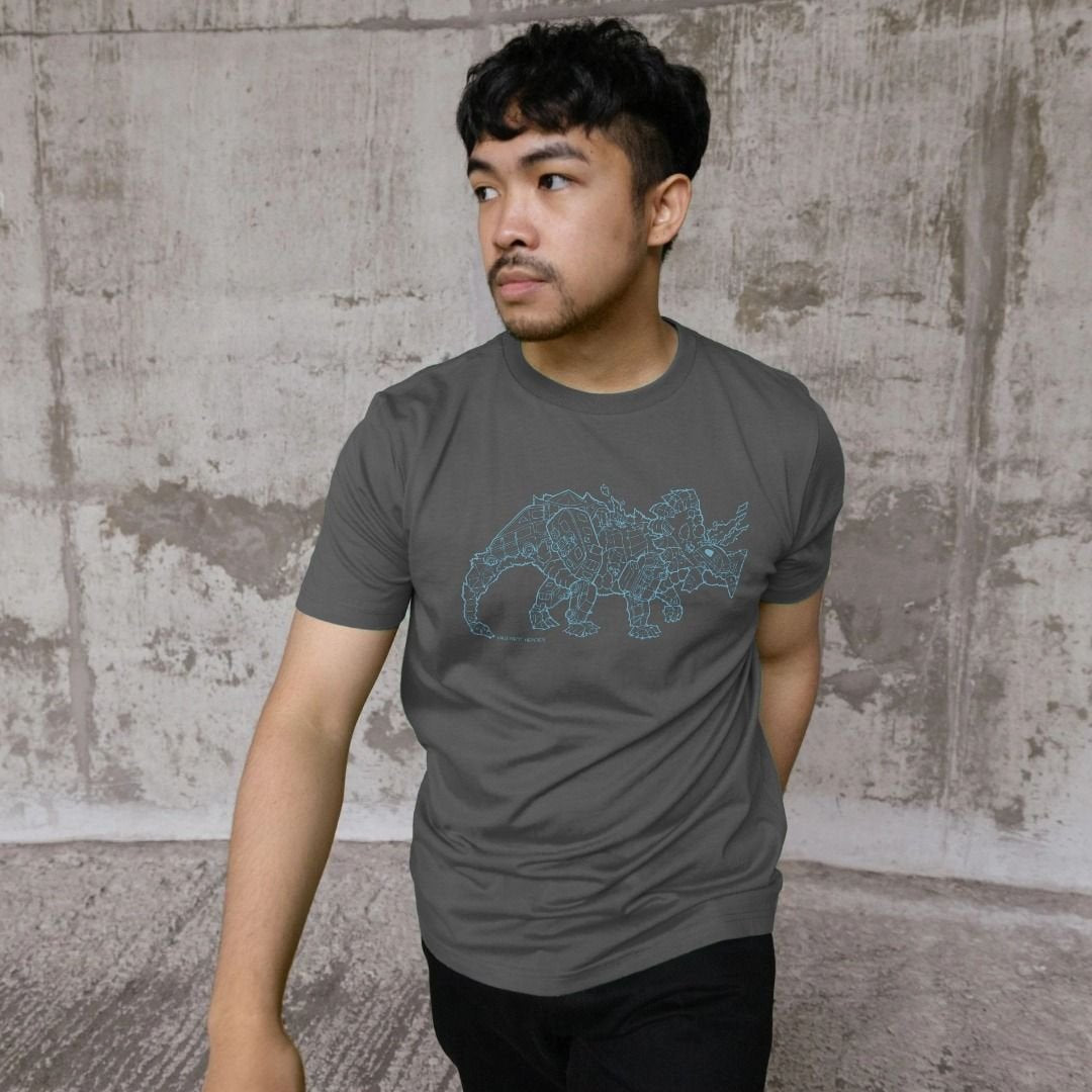 Man wearing a Slate Grey Camperceratops organic cotton t-shirt