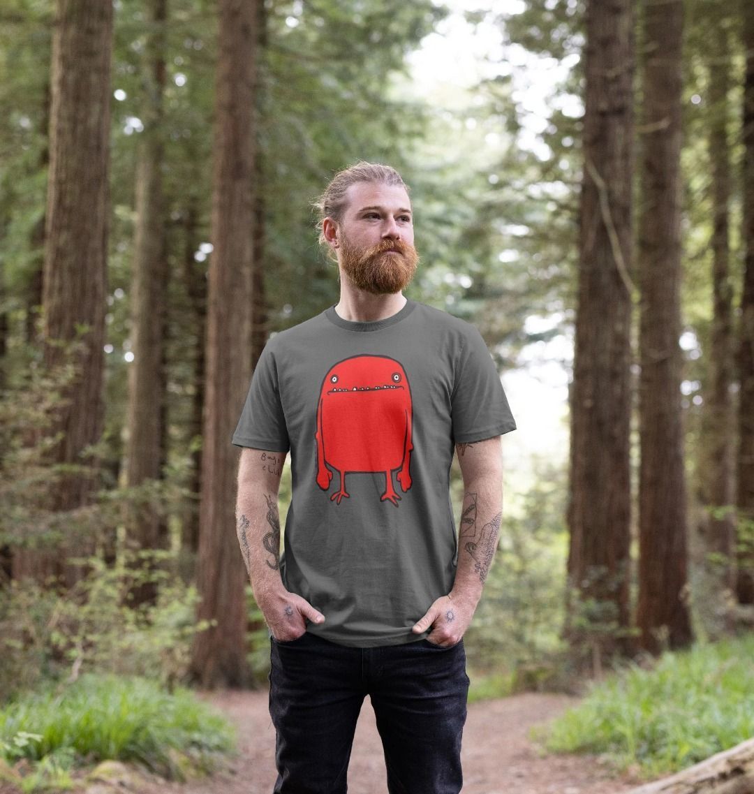 man stood in a forest clearing wearing a Slate Grey Hello Bob organic cotton graphic t-shirt