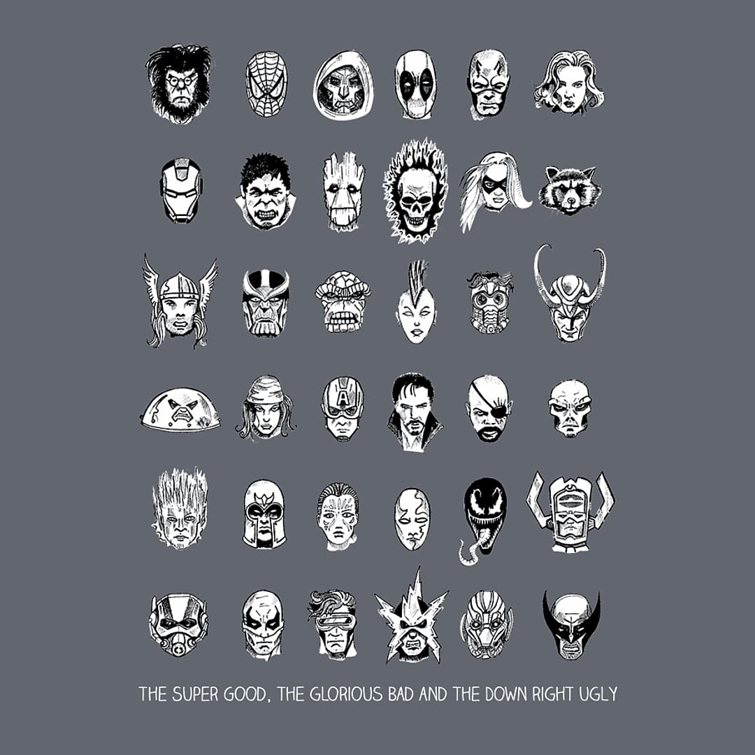 Close-up of the Marvelous Supers design, a crowd of comic-book heroes and villains