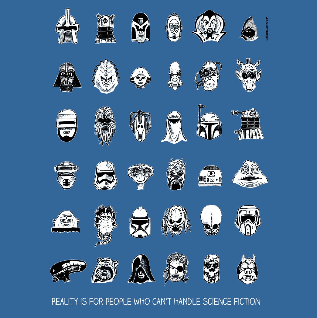 Close-up of the Reality is ... design: a grid of 36 sci-fi character heads